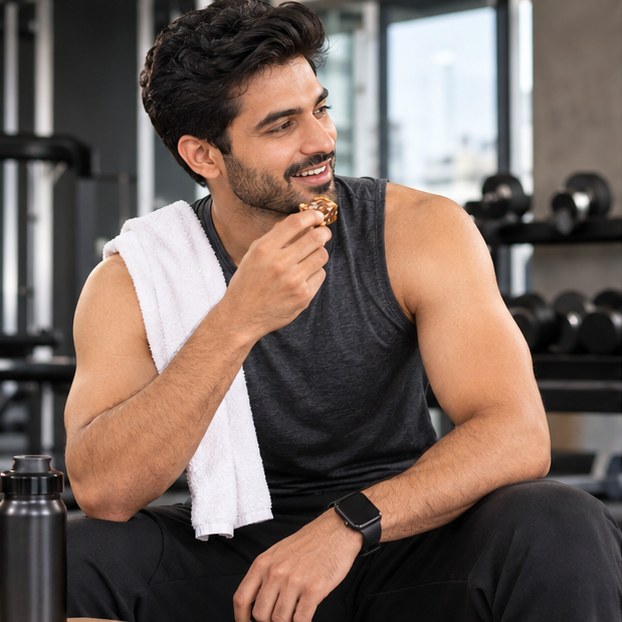 Man enjoying a date and dry-fruit bite after a gym session