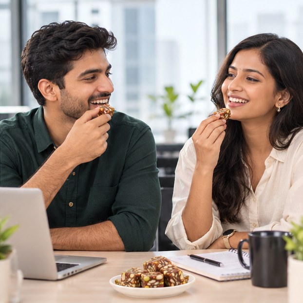 Office colleagues enjoying date and dry-fruit bites during a work break
