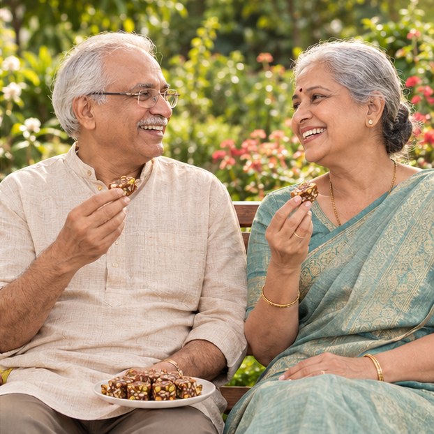 Older couple sharing date bites in a sunny garden